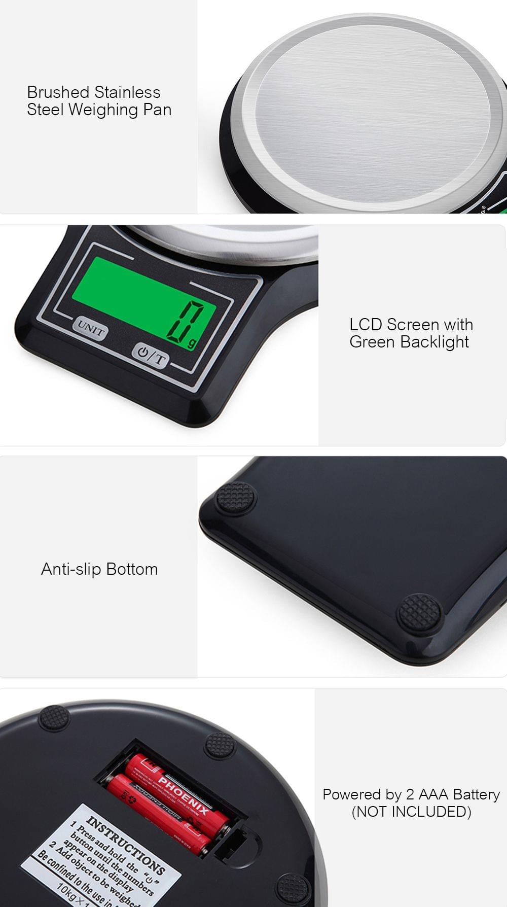 Electronic Digital Kitchen Scale Stainless Steel Weighing - 10kg 1g