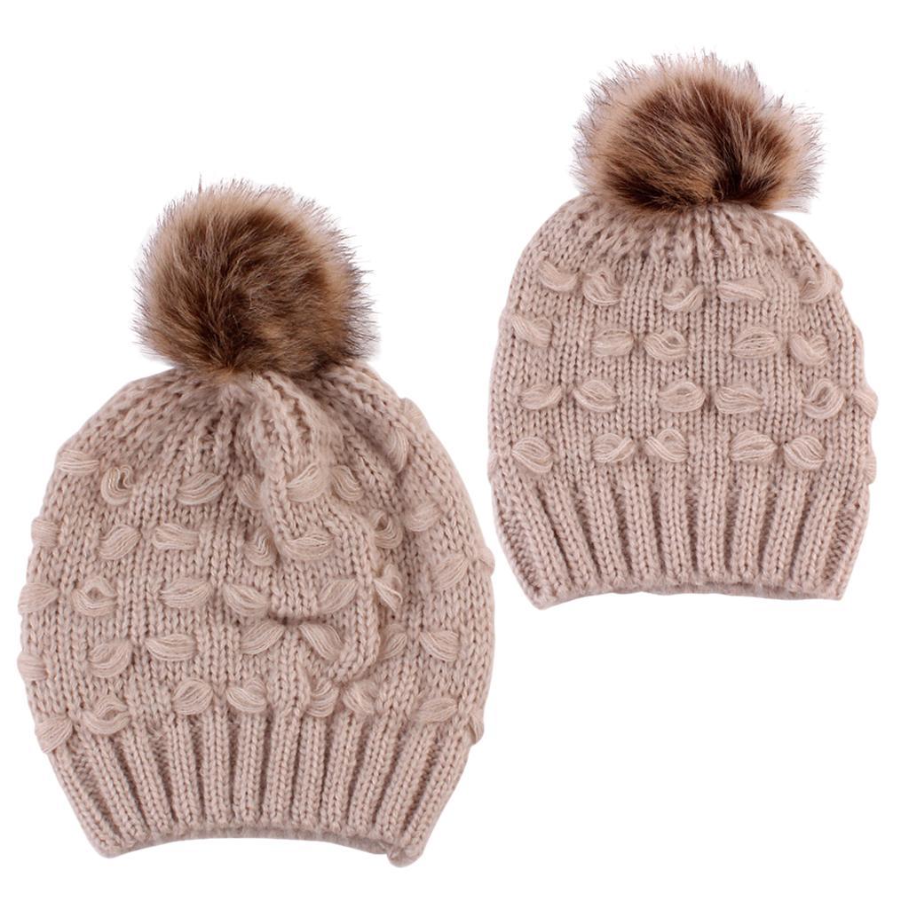 2PCS Parent-Child Hat Warmer Winter Knit Hat Beanie Ski Cap Khaki