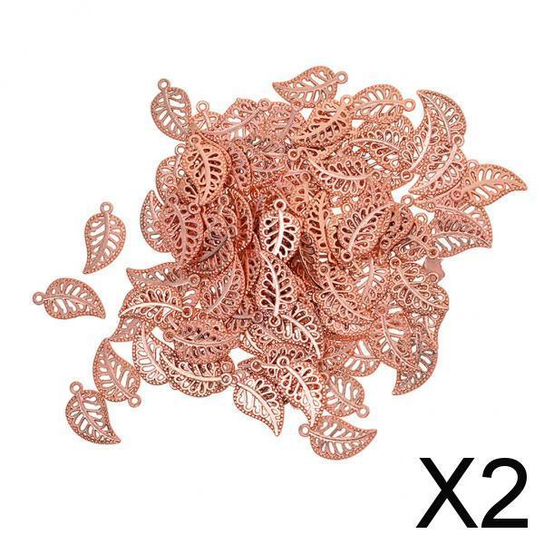 2x100 Pieces Filigree Leaf Charms Pendant Beads Jewelry DIY Making rosegold