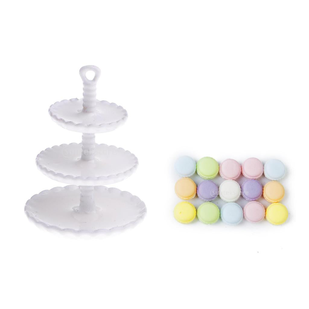 1/12 Dollhouse Miniature 3-layer Metal Snack Rack Stand+15pcs Cream Cakes