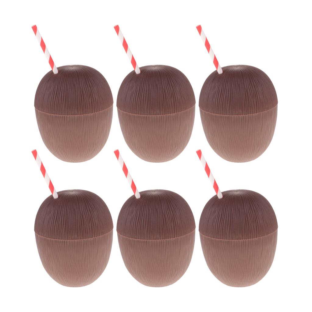 6 Plastic Tropical Coconut Drinking Cup Straw Hawaii Luau Beach Party Decor