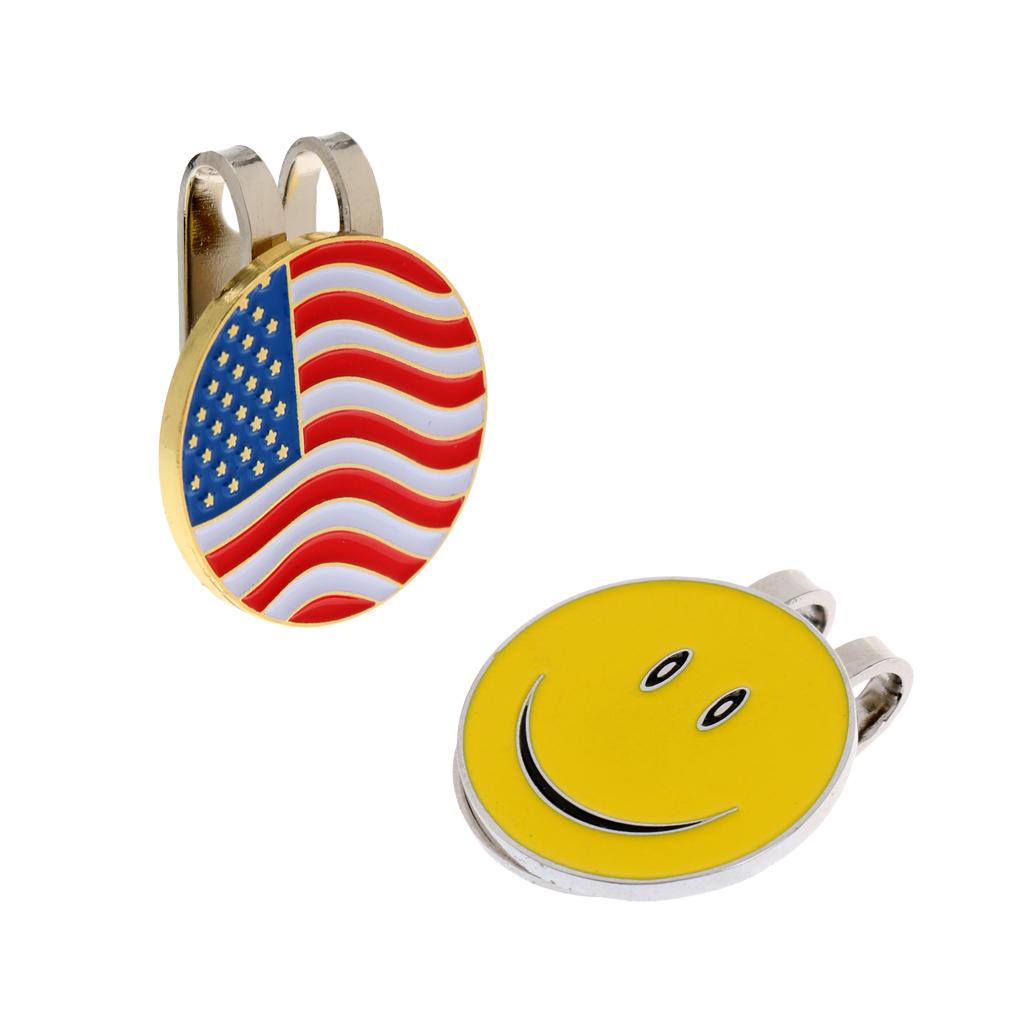 Alloy Magnetic Hat Clip with Removable Golf Ball Marker USA Flag+Smile Face
