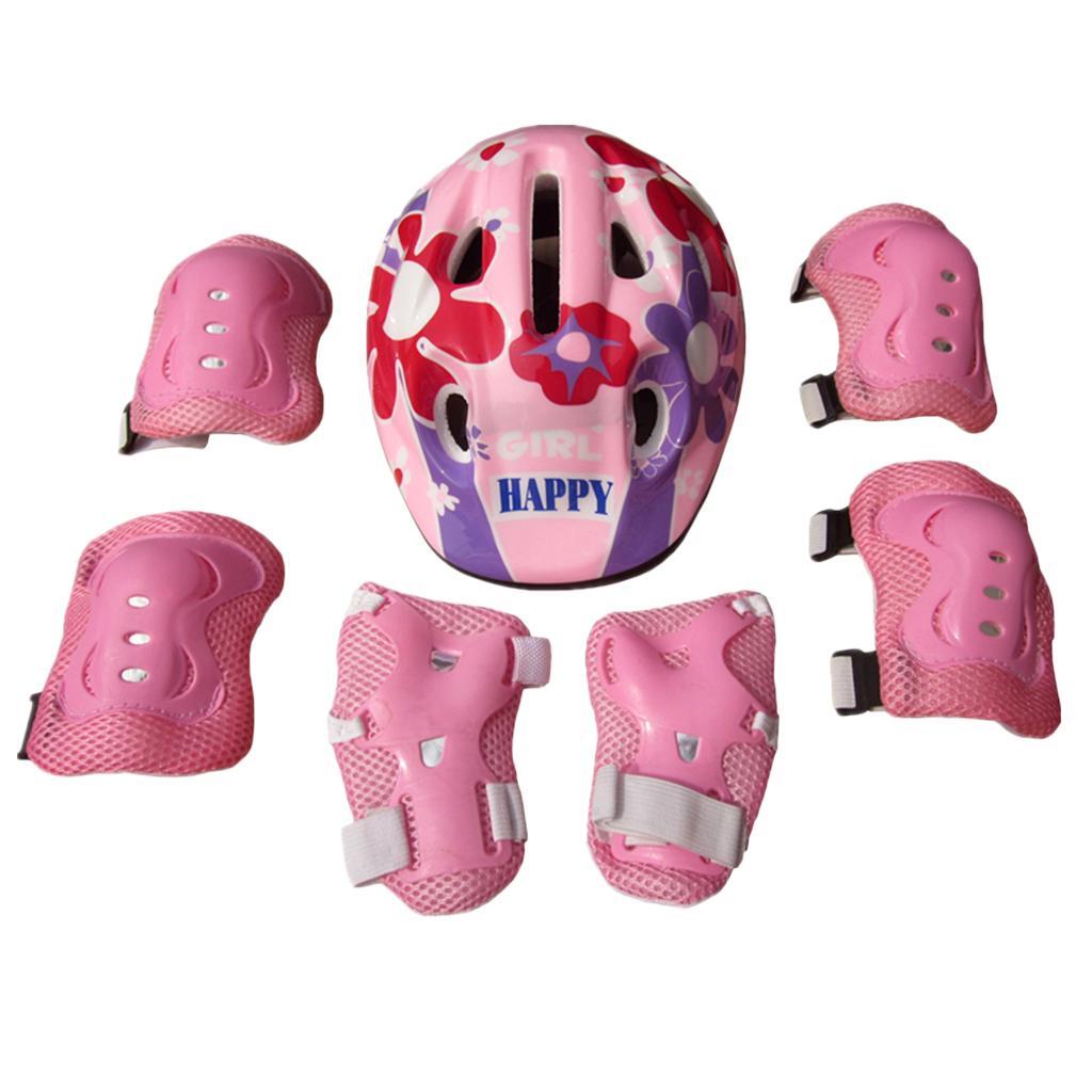 7Pcs Kid Child Roller Skating Scooter Helmet Knee Wrist Guard Elbow Pad Pink