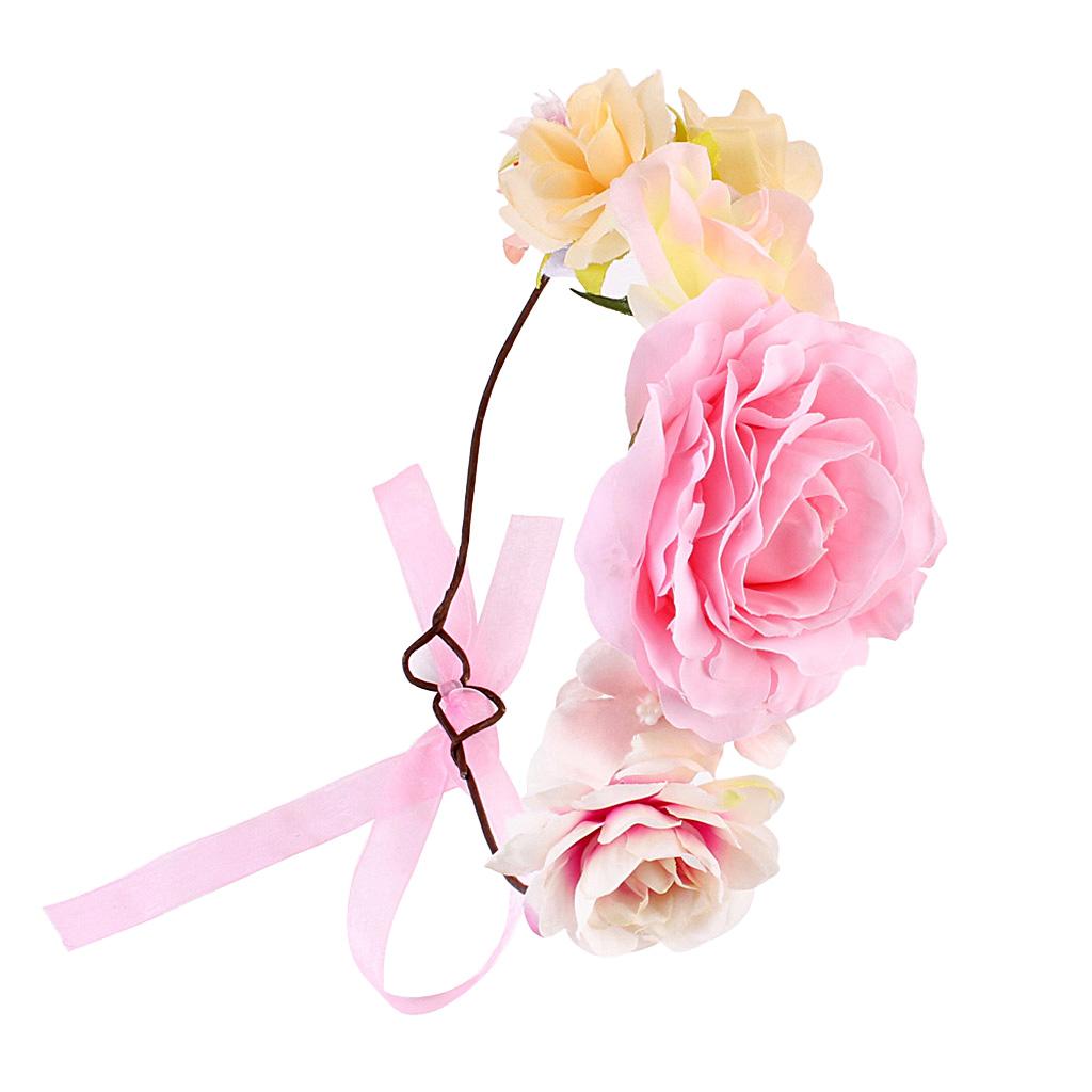 Boho Women Beach Flower Wedding Garland Headband Pink (for Women)