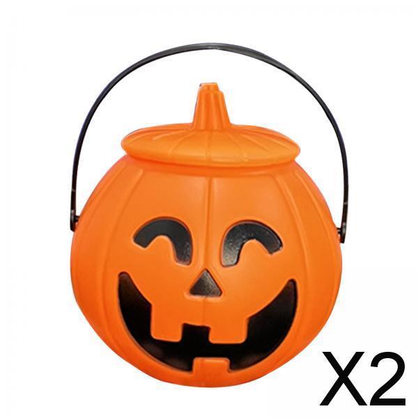 2xHalloween Pumpkin Buckets Props Jar with Lid Gift Basket Candy Bucket Holder