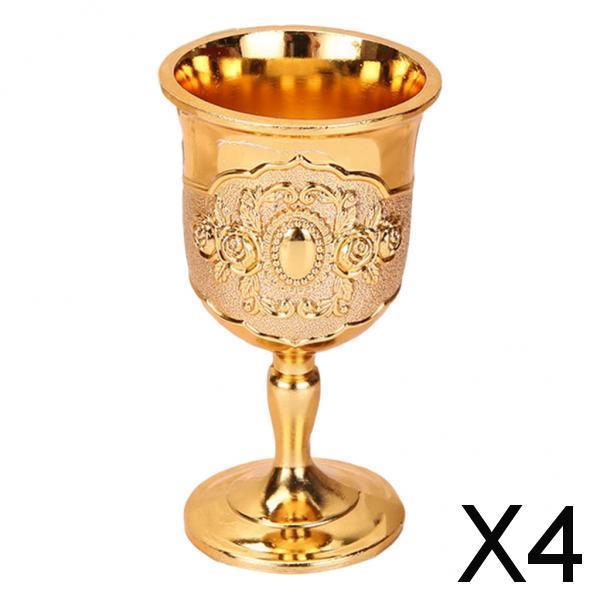 4xMetal Wine Goblet, Carving Pattern Handmade Cup Bar Dinners Parties Decor Gold Gold