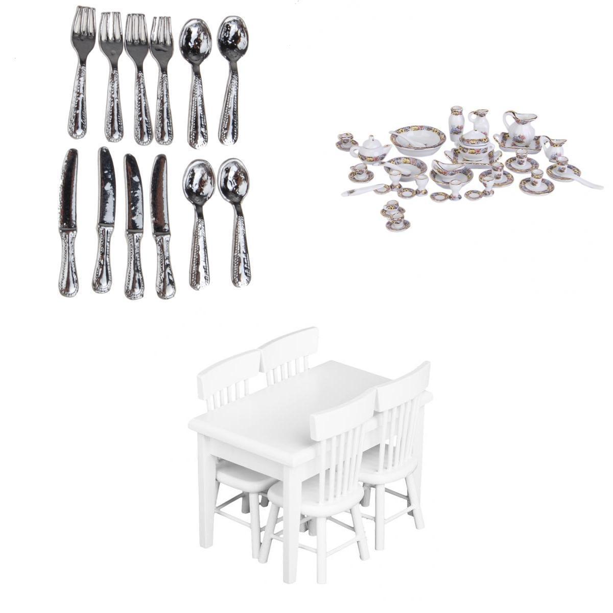 1:12 Dollhouse Miniature Kitchen Furniture Table Chair Set & Tableware Set