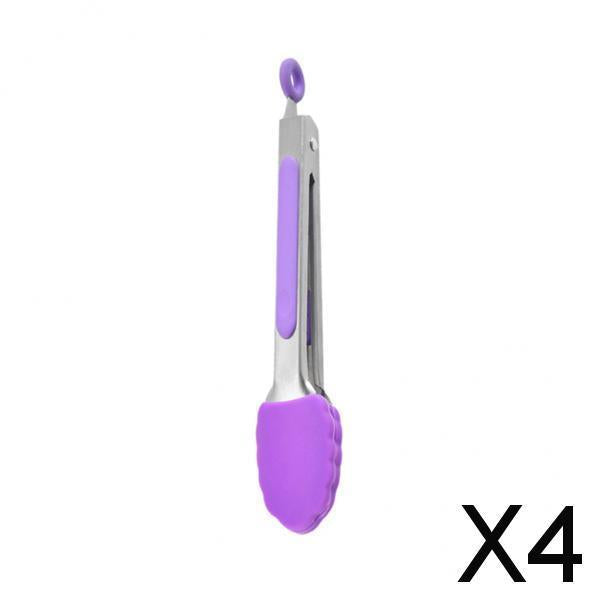 4xKitchen Tongs with Silicone Tips Food BBQ Cooking Utensil 7 inch Purple