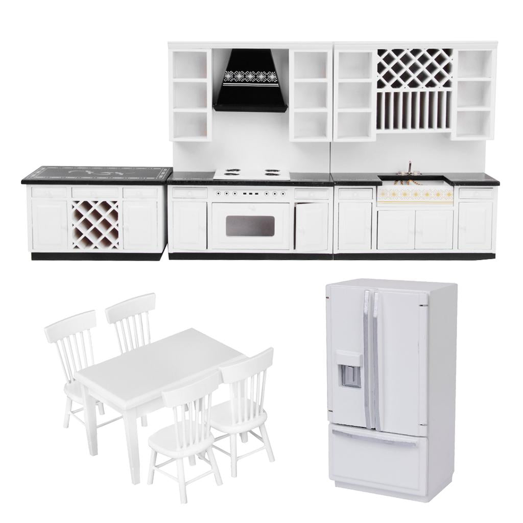 1/12 Dollhouse Miniature Kitchen Furniture Set Fridge Table Chair Model