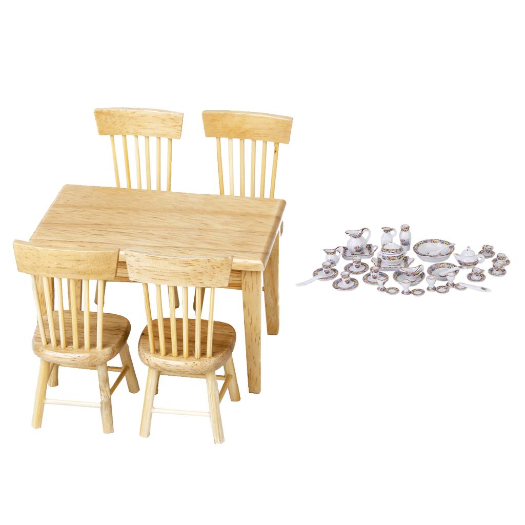 1/12 Dolls House Miniature Wooden Table Chair Porcelain Tea Set Dining Room