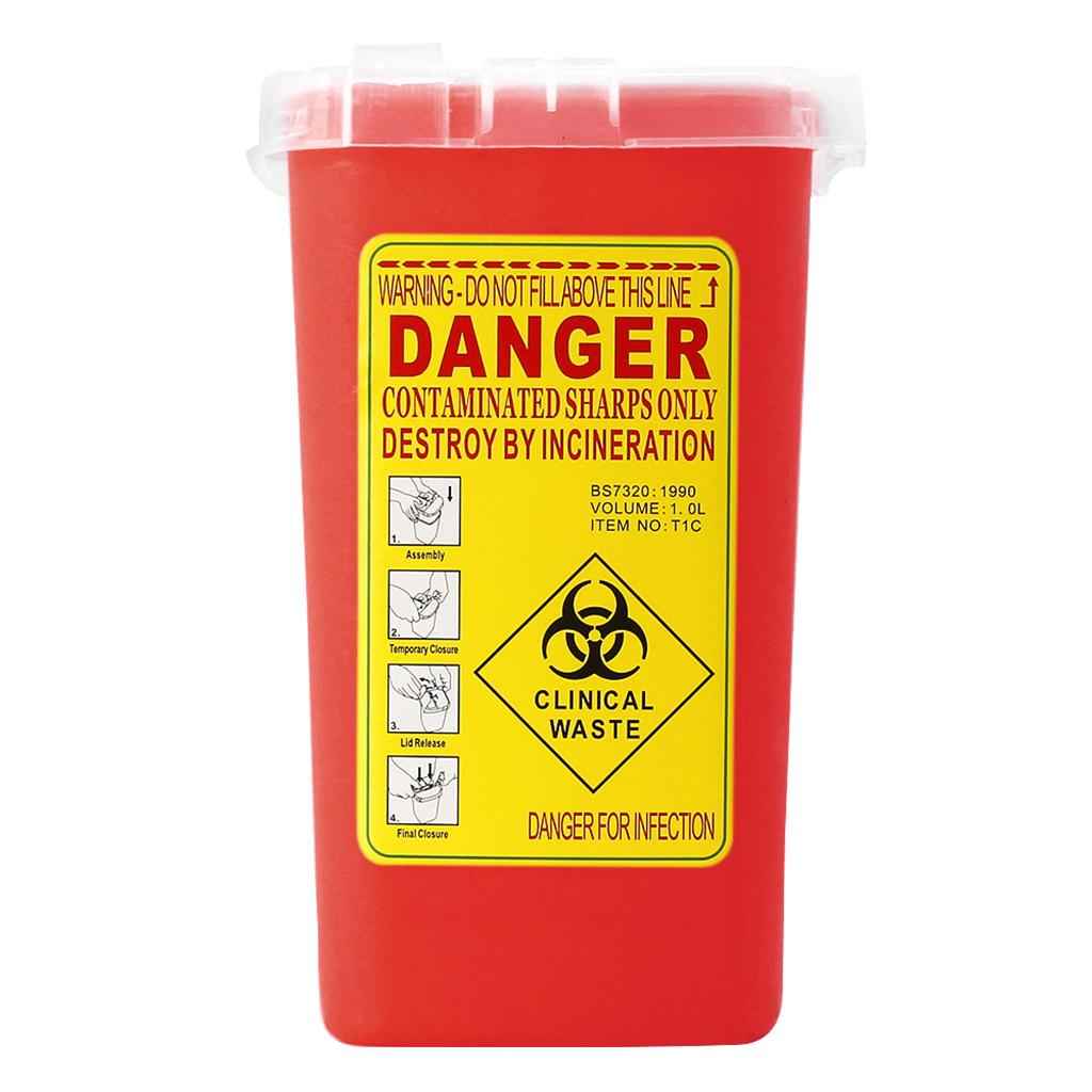 Red Sharps Bin Needle Blade Waste Disposal Container with Locking Lid 1.0L