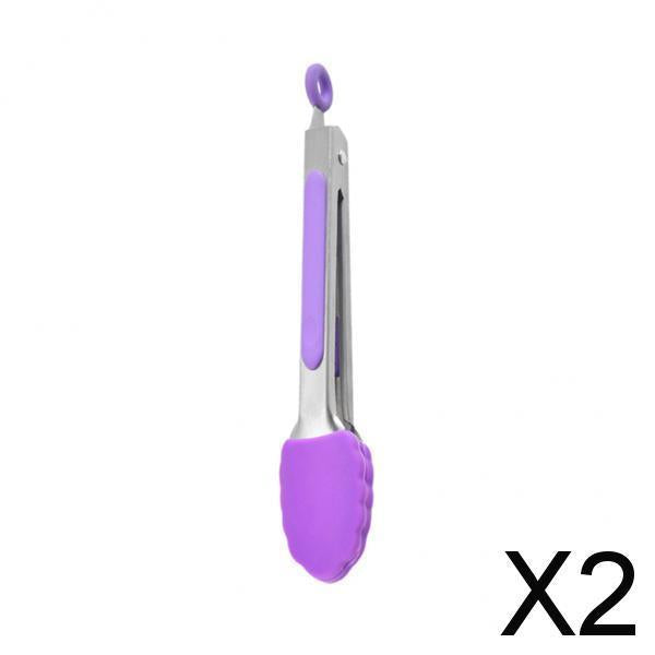 2xKitchen Tongs with Silicone Tips Food BBQ Cooking Utensil 7 inch Purple