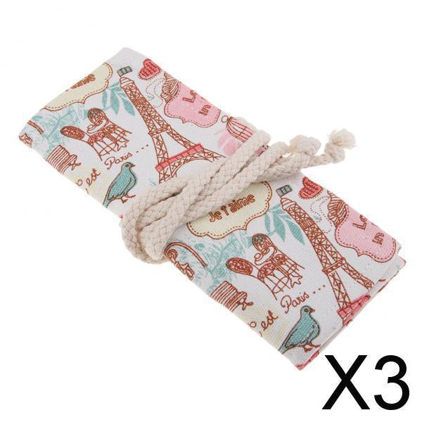 3xCanvas Pencil Bags Case Painting Brush Pouch Roll Up Holders TOWER 12 holes