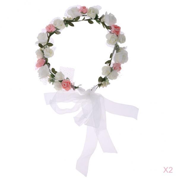 2 Pieces Women's Bridal Flower Hair Wreath Bridesmaid Garland White and Pink