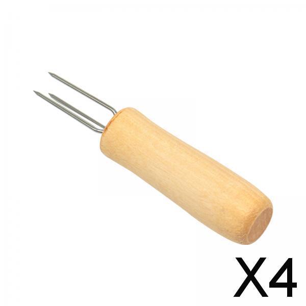 4xCorn Holder BBQ Cooking with Wood Handle Fruit Forks Corn on The COB Holder Oak Handle