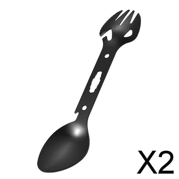 2x8-in-1 Multipurpose Camping Spoon Fork Spork Beer Bottle Can Opener Black