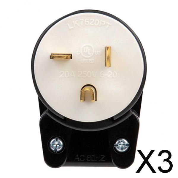 3xNEMA LK7620P 6-20P Grounding Locking Plug, 20A 250V AC, 2 Pole 3 Wire Bend