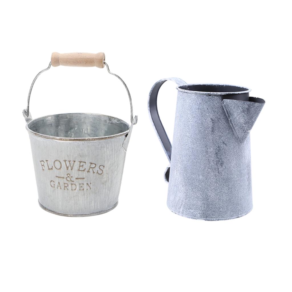 2 Piece Shabby Chic Metal Iron Flower Plant Bucket Retro Planter Flowerpot