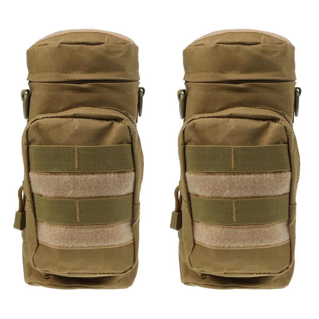 2 Pieces Tactical Military Molle Zippered Water Bottle Bag Kettle Pouch Tan