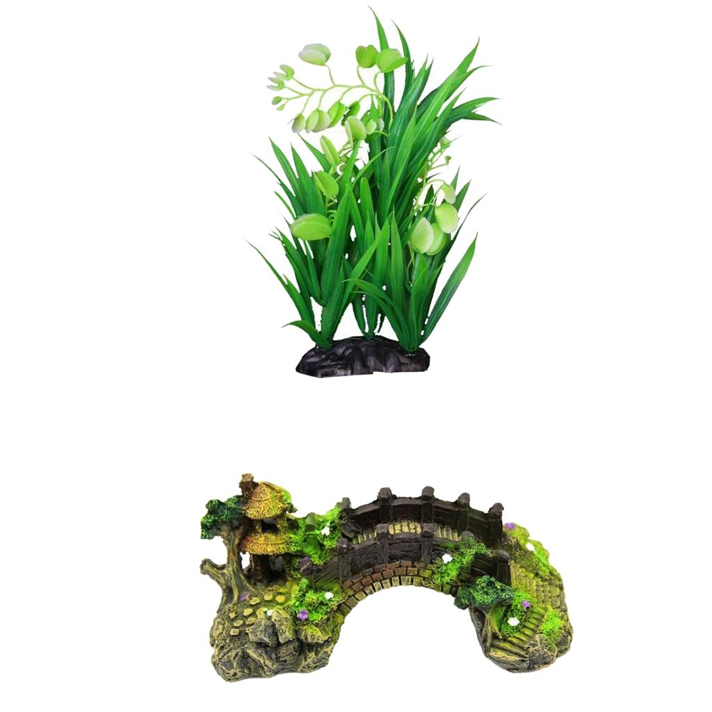 Aquarium Ornament Artificial Bridge Water Plant Grass For Fish Tank Cave