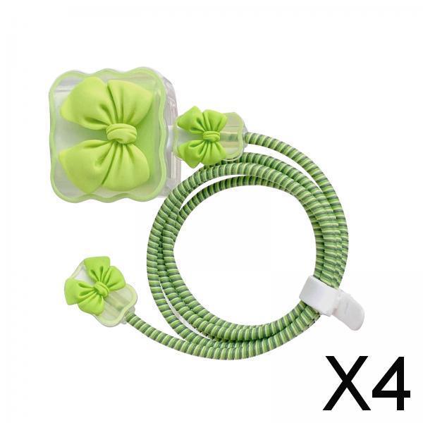 4xChargers Cable Protective Cover 4in1 3D Protective Case for Cell Phone Phone Bow Knot Green