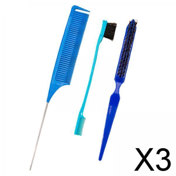3x3Pcs Slick Brush Set Edge Brush for Grooming Slicking Edge and Back Brushing Blue