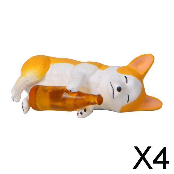 4xHolding Winebottle Mini Corgi Huskie Dog Figurine Decor Yellow Bottle Corgi