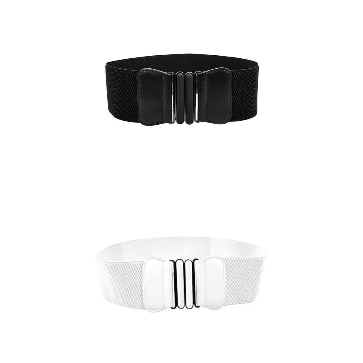2pcs Fashion Womens Faux Leather Wide Elastic Buckle Waist Belt Black White
