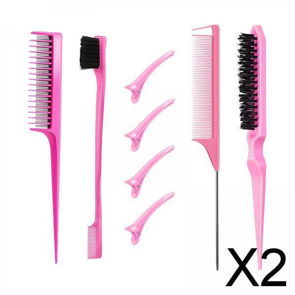 2x8x Professional Hair Styling Comb Set Teasing Comb Sturdy Bristles Hair Brush Pink