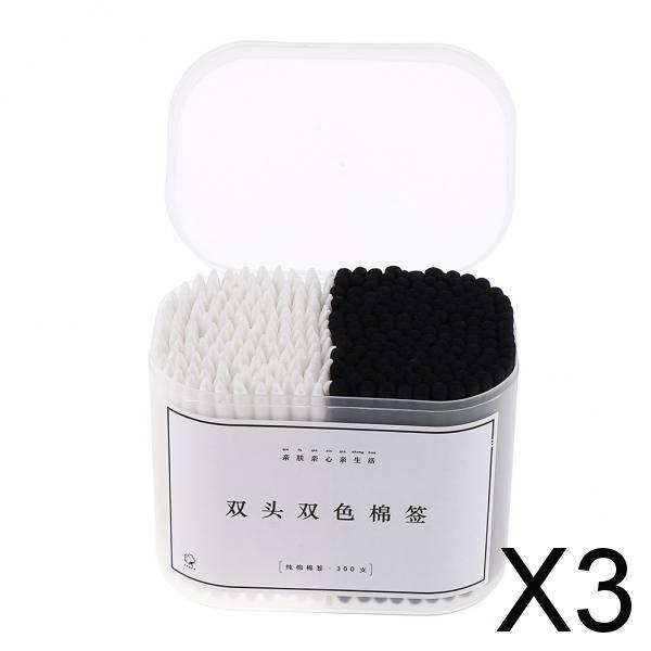 3x300Pcs Cotton Swabs Buds Spiral Pointed Tips Makeup Applicators White Black