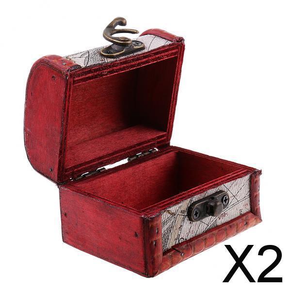 2xVintage Small Jewelry Storage Box Wood Case Candy Bin Treasure Chest w/ Lock