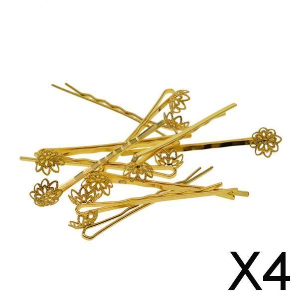 4x10x blank Hair Clip Hair Pin Gothic Filigree round Flower pearl base Gold