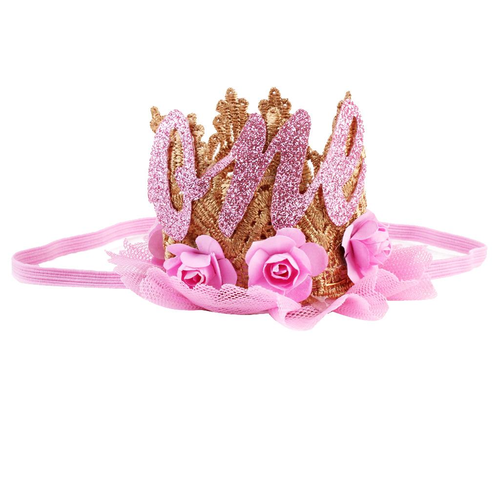 Sweety Baby Flower Golden Crown Birthday Headband Hair Accessories One Pink