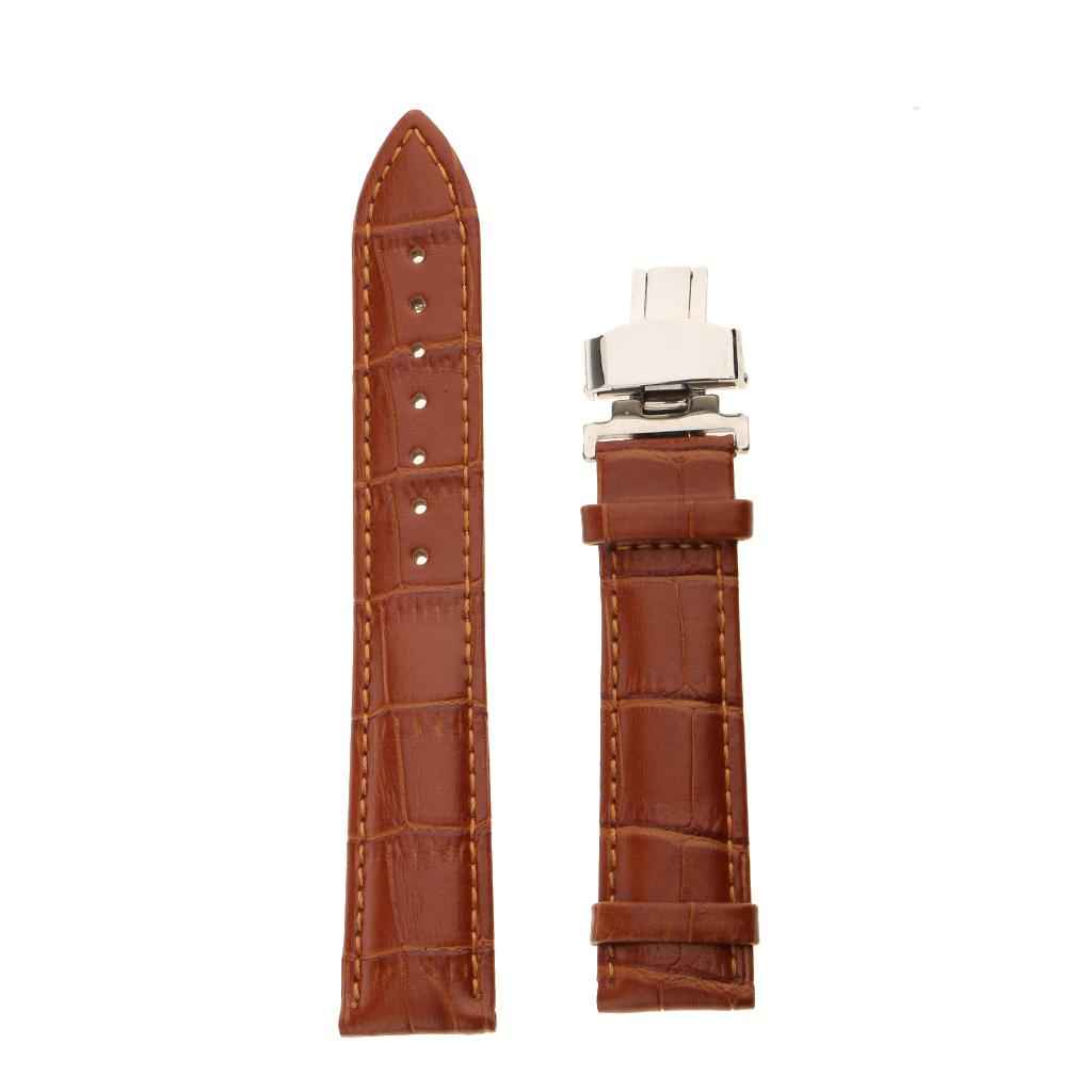 Leather Watch Band Butterfly Deployment Clasp Buckle Brown 20mm