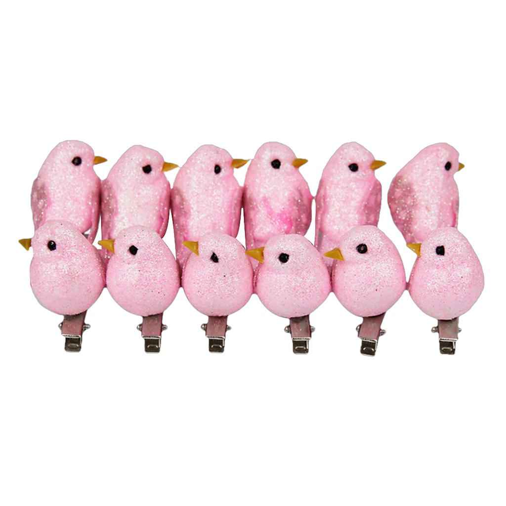 12Pcs Artificial Mini Decorative Bling Foam Birds for Crafts Garden Pink