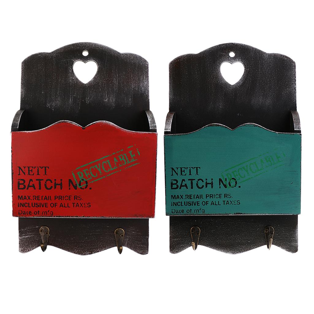 2PCS Wall Storage Hook Vintage Wooden Letter Box Hanging Organizer Key Box