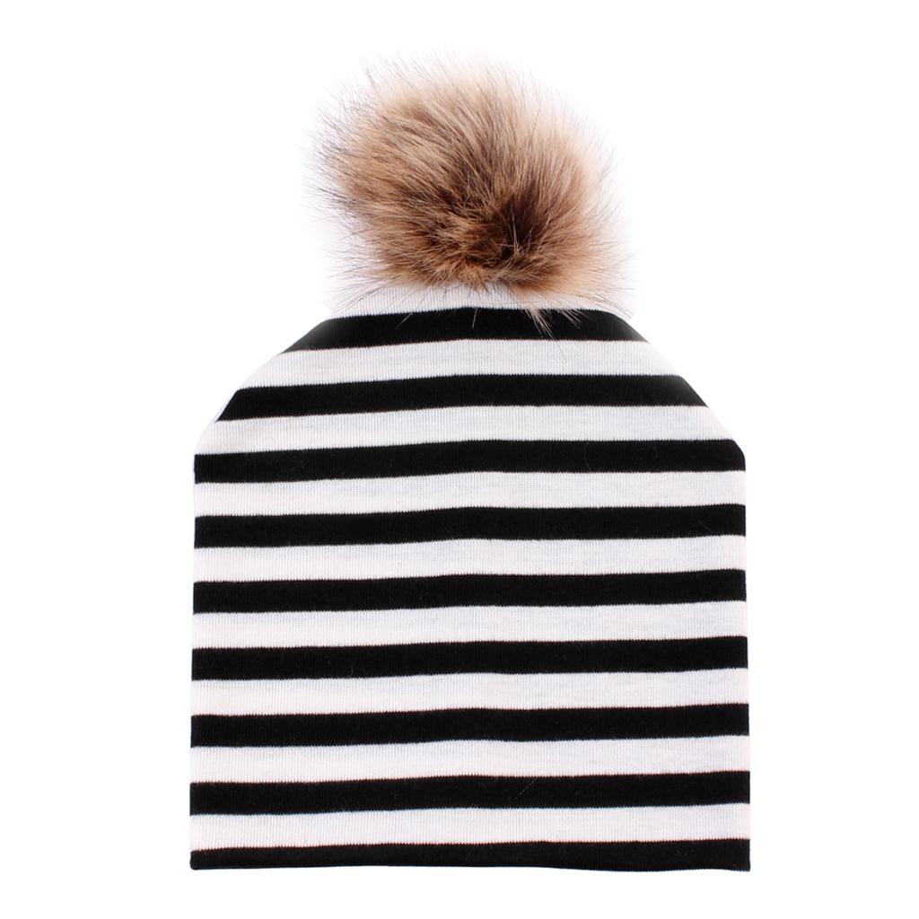 Baby Hat Faux Fur Baby Cap Cotton Pompom Bobble Hat for Kids Black Stripe