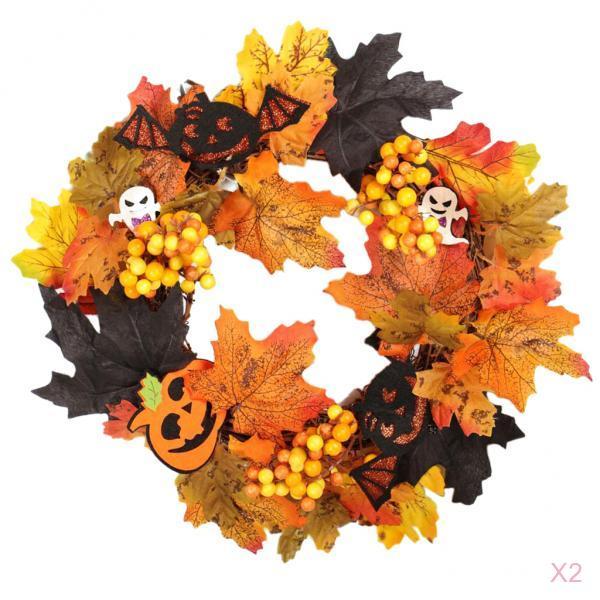 2pcs Artificial Maple Berry Pumpkin Halloween Flower Wreath Garland Decor