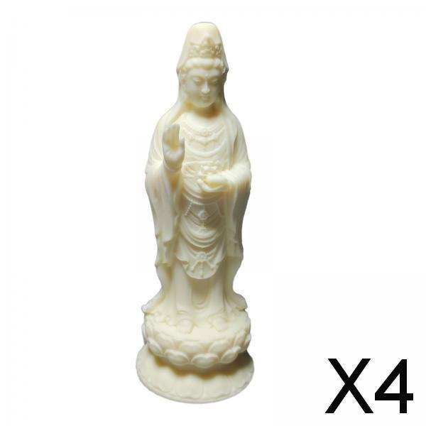 4xGuanyin Standing Statue Wood Carving Ornament Handmade for Housewarming Gift
