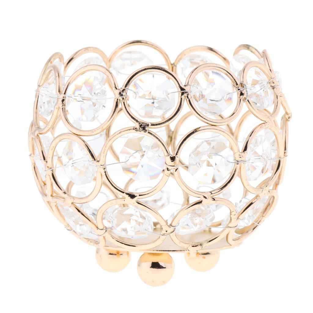 3 Inches Votive Crystal Beads Candle Holder Home Banquet Candlestick Table Decorative Centerpiece -Gold