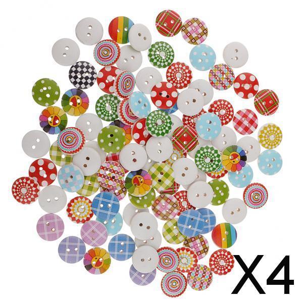 4x100pcs 15mm Polka Dot Plaid Buttons Wood Buttons 2 Holes for Sewing Craft