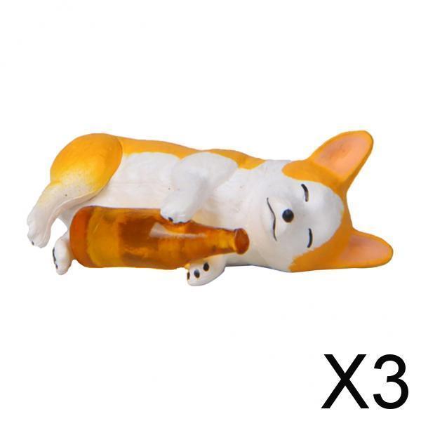3xHolding Winebottle Mini Corgi Huskie Dog Figurine Decor Yellow Bottle Corgi
