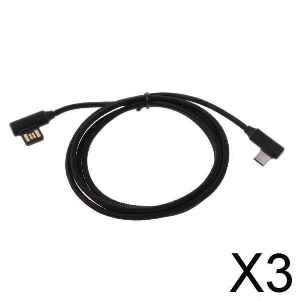 3xBraided 90 Degree Right Angle Type C Micro USB Fast Data Charger Cable black