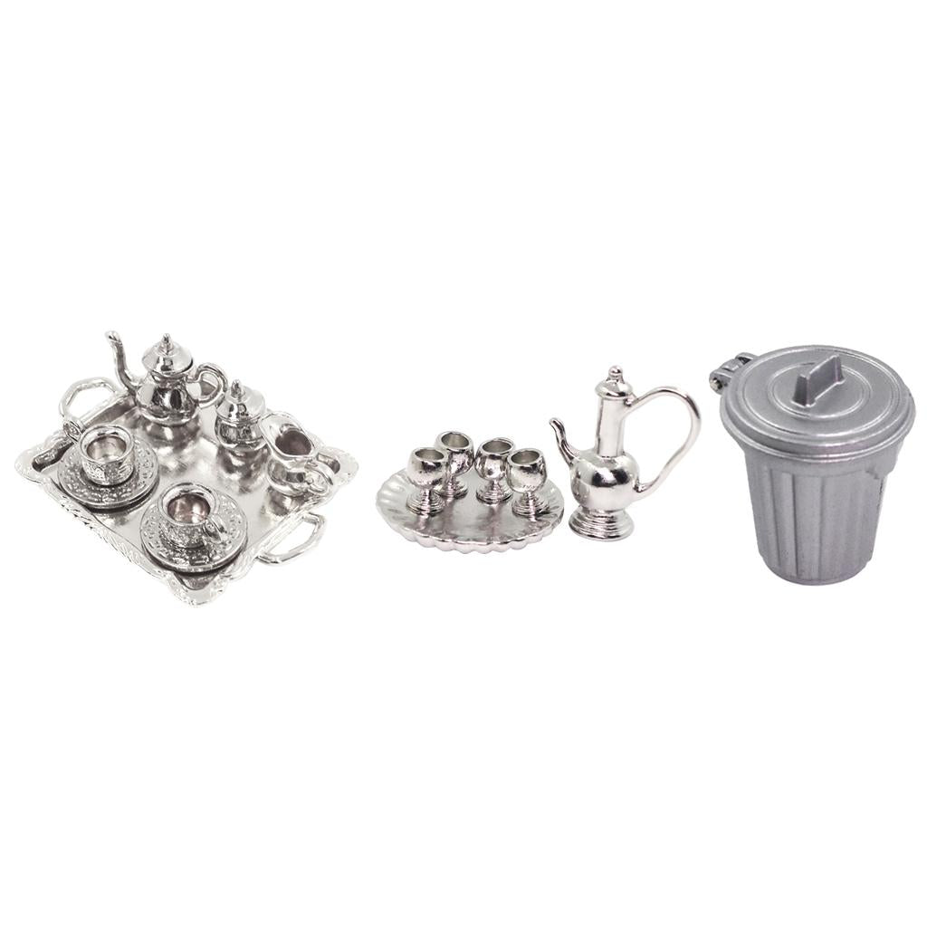 17 Pieces 1:12 Dollhouse Miniature Silver Metal Tea Coffee Sets Trash Can