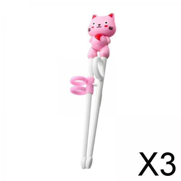 3xKid Training Chopsticks Cartoon with Positioning Rings Lightweight Anti Slip Cat Pink