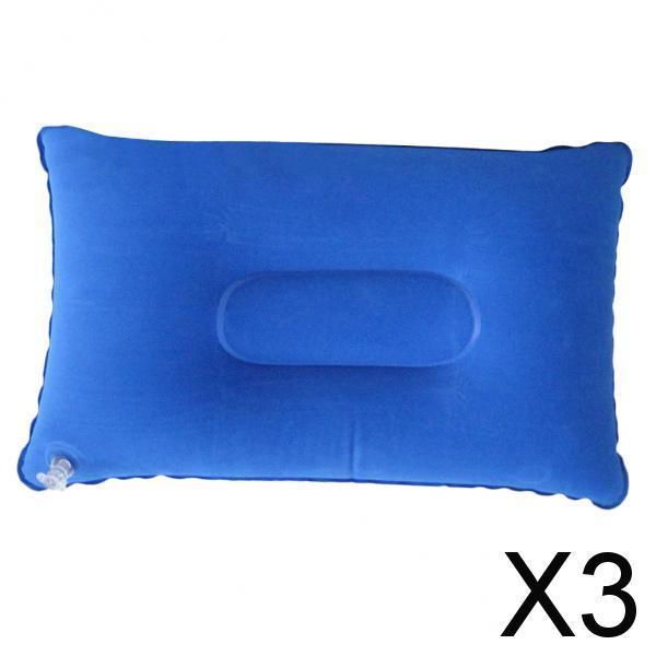 3xInflatable Pillow Travel Air Cushion Camping Car Beach Head Rest Support 38x24cm Blue