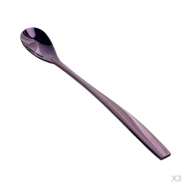 3pcs Stainless Steel Long Handle Spoon for Ice Cream Sundae Coffee Purple