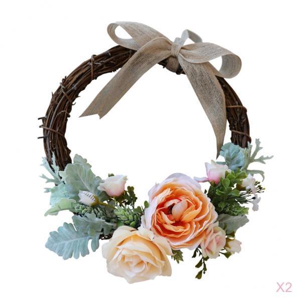 2pcs Rattan Artificial Flower Wreath Front Door Wedding Decor Champagne