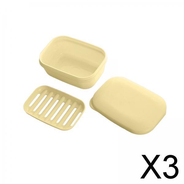 3xDetachable Soap Holder with Lid with Removable Draining Tray for Camping Gym Yellow