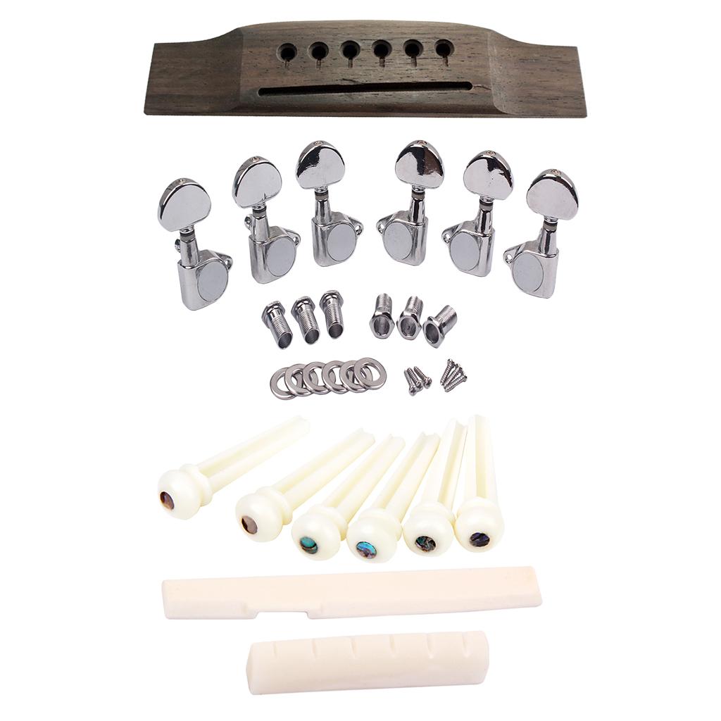 6 String Rosewood Guitar Bridge with Bone Bridge Pins Saddle Nut Tuning Pegs